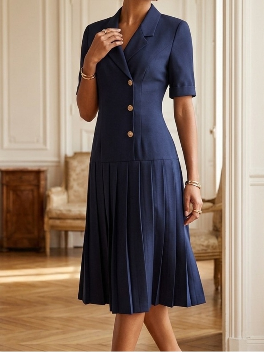 St. Michael Vintage Navy Pleated Short-Sleeve Dress